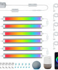 Under Cabinet RGB LED Strip Lights With Dimmable White And Color Voice Control With Alexa And Google Home Smart App Remote Plug In Kitchen Lighting Kit Lit Color Changing Mood Lighting 6 Piece Set, showing full kit with accessories and app control