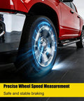 Red truck displaying precise wheel speed measurement, illustrating the Ram Front ABS Wheel Speed Sensor Replacement Kit for 2014-2018 models.