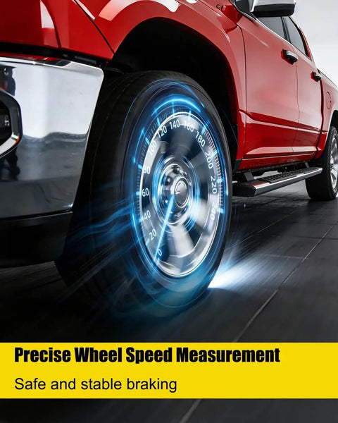 Red truck displaying precise wheel speed measurement, illustrating the Ram Front ABS Wheel Speed Sensor Replacement Kit for 2014-2018 models.