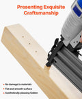 Sixteen Gauge Two Inch Angled Finish Nails Twenty Degree Offset Two Thousand Count Galvanized Steel used with a nail gun on wood.