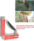 90 Degree Welding Magnetic Holder With Dual Switches Pro Grade Magnetic Welding Fixture for precise angle positioning and cutting assistance in use on metal.