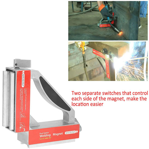 Heavy Duty Dual Switch Welding Magnet Fixture With 90 Degree Angles And Bottom V Groove For Round Bars, close-up showing switches.
