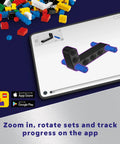 Tablet app showing interactive instructions for Planet Earth And Moon In Orbit Building Set For Kids 10 Plus An Outer Space STEM Toy