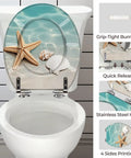 Round Resin Toilet Seat for Bathroom featuring a beach-themed design with starfish and seashells, mounted on a white toilet.