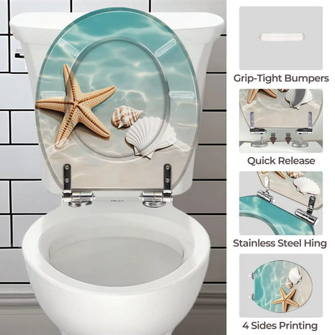 Round Resin Toilet Seat for Bathroom featuring a beach-themed design with starfish and seashells, mounted on a white toilet.
