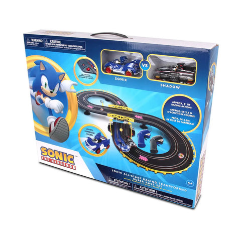 Sonic And Shadow Race Track Set With Totally Lit Working Lights Lap Counter Figure Eight Slot Car Track Includes 2 Sonic Vehicles 2 Controllers And 16 Track Pieces Officially Licensed