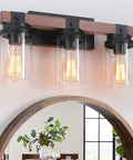 3 Light Farmhouse Vanity Light For Bathroom Over Mirror With Faux Wood Grain Finish Rustic Metal Wall Sconce Indoor Moisture Resistant Bath Vanity Fixture