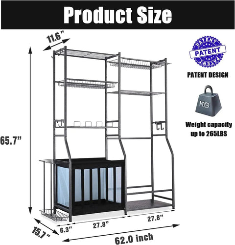 Garage Gear Storage Organizer With Golf Bag Rack And Ball Holder, Four Extra Shelves And Basket dimensions illustration