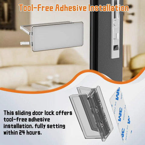 Two Pack Sliding Door Lock For Child Safety On Sliding Glass Doors And Windows With Extra Strong Adhesive And Easy No Tools Required For Peace Of Mind Heavy Duty Security, showing close-up of tool-free adhesive installation.
