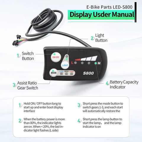 LCD Display For Electric Bikes And Scooters, 36V 48V E Bike Dashboard With 5 Pin SM Plug, S800 Style Digital Meter, user manual