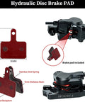 RUJOI MTB hydraulic disc brake pad set with red backplates and caliper; includes two pads and mounting hardware