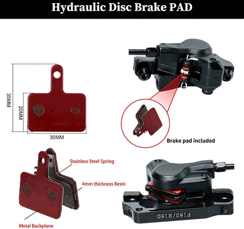 RUJOI MTB hydraulic disc brake pad set with red backplates and caliper; includes two pads and mounting hardware