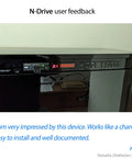 N-Drive eXtreme Drive Emulator for Yamaha Disklavier MX100A shown installed, displaying user feedback on ease of installation and use.