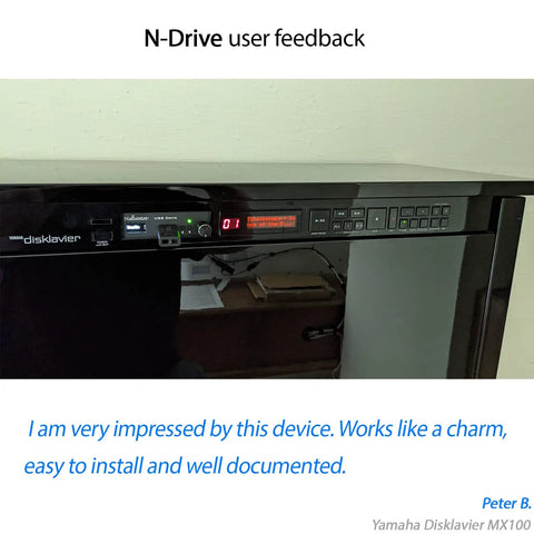N-Drive eXtreme Drive Emulator for Yamaha Disklavier MX100A shown installed, displaying user feedback on ease of installation and use.