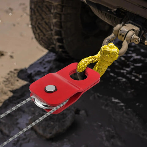 Beefy Winch Snatch Block 8000 Lbs Heavy Duty Recovery Pulley For ATV UTV Off Road Use Fits One Quarter To Five Sixteenths Inch Winch Cable with red housing and steel wheel