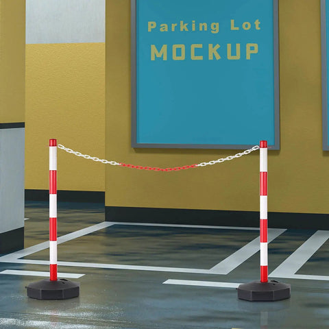 2 Pack Traffic Delineator Post Cones With Fillable Base in parking lot, red and white with 8ft chain, removable base