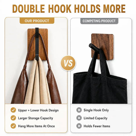 Comparison of Rustic Wood Adhesive Wall Hooks Four Pack Heavy Duty Sticker Hangers with double hook design vs single hook.