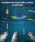 Zero Fuss Drop Shot Hooks And Pre Tied Spin Shot Rigs For Bass Fishing High Carbon Steel Build with sinkers and soft bait in water.