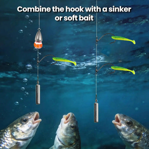 Zero Fuss Drop Shot Hooks And Pre Tied Spin Shot Rigs For Bass Fishing High Carbon Steel Build with sinkers and soft bait in water.