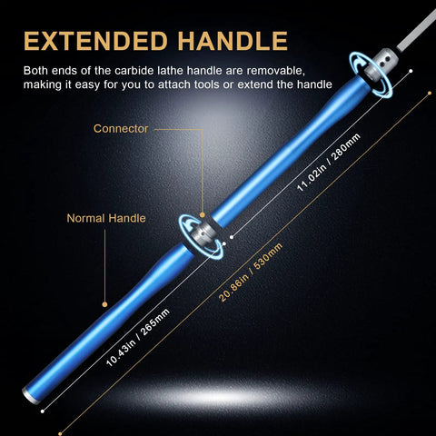 Extended blue handle with adjustable connector from the Wood Lathe Tool Set With Removable Handle And Adjustable Connector, Includes Swan Neck Hollower, Rougher, And Finisher, Latest Upgraded Turning Tools With Tungsten Carbide Heads And Replaceable Components, Great Gift For Woodworkers, Blue.