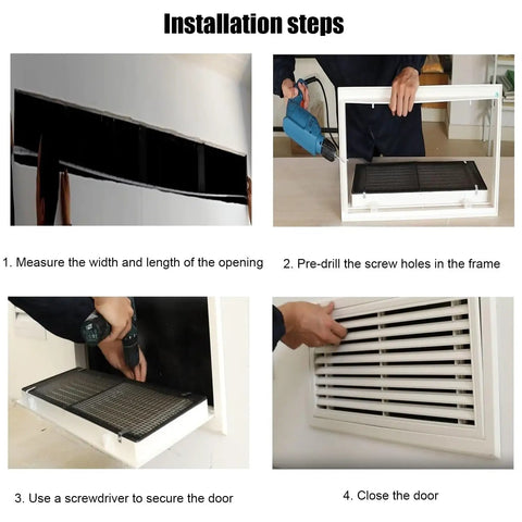 Installation steps for Removable Louvered Air Vent Cover 55 By 55 Cm showing measuring, pre-drilling, securing, and closing.