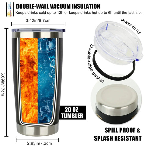 Funny 50th Birthday Tumbler 20 Oz Stainless Steel Insulated Cup For Men And Women Rocking The Big Fifty with blue and orange design.