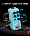 Pocket Sized Guitar Synth Pedal With Seven Polyphonic Tones showing controls and tone options including trumpet and 8-bit.