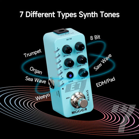 Pocket Sized Guitar Synth Pedal With Seven Polyphonic Tones showing controls and tone options including trumpet and 8-bit.