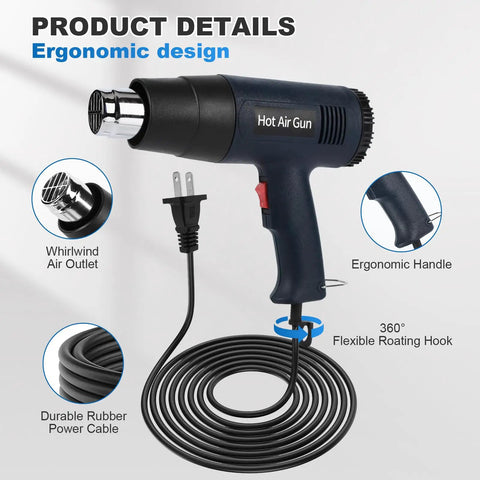 Powerful 1800W Heat Gun For Crafting With Adjustable 122F To 1202F Temperature, Ultra Long 5.25Ft Cord, Black, ergonomic design