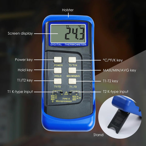 Front view of a blue digital K-type thermocouple thermometer with dual input jacks and stand