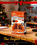 Gift-wrapped box of 32 Piece Hex Key Set With Torque Handle on workbench, Christmas decor in background