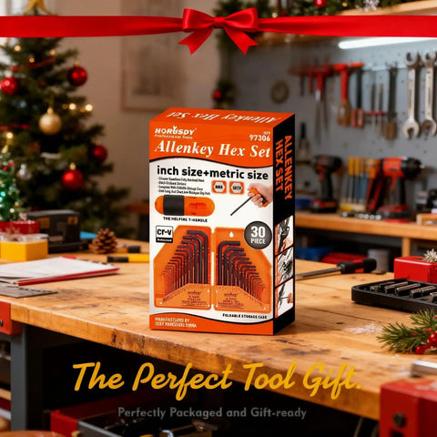 Gift-wrapped box of 32 Piece Hex Key Set With Torque Handle on workbench, Christmas decor in background