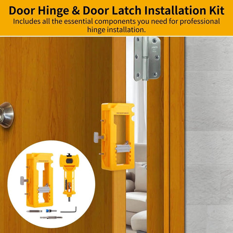 All-In-One Door Hinge And Mortise Jig Kit For Easy Lock Installation with router bits, hex key, mounted on door for precise fitting