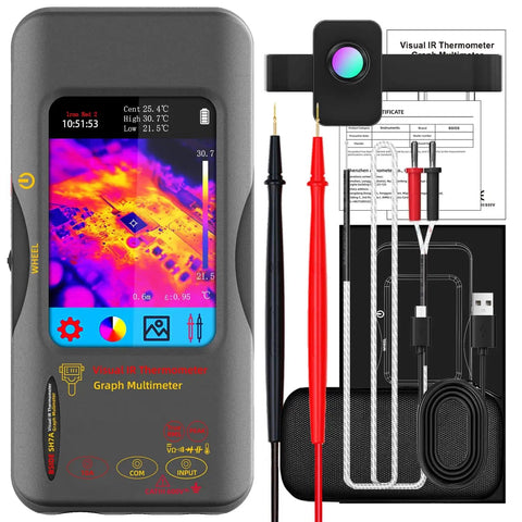 Thermal Camera Multimeter With Macro Lens And Date Recorder, Pro Grade 320x320 IR Resolution, accessories visible