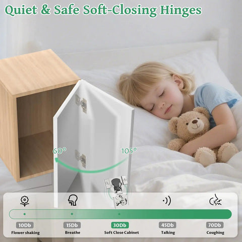 Soft Close Concealed Cabinet Hinges Half Inch Overlay, 30 Pack 15 Pairs, in use next to sleeping child, quiet operation demo