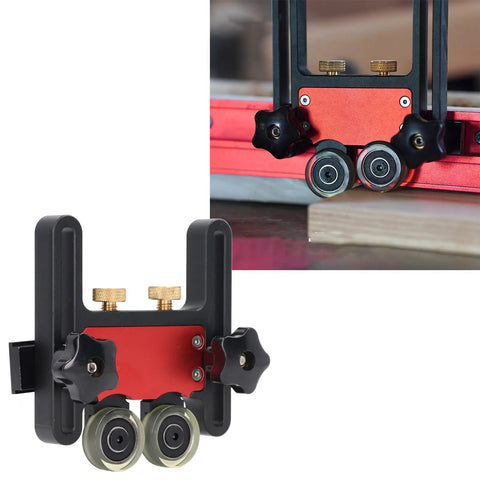 Premium Roller Table Saw Feeder For Woodworking Bench With Anodized Aluminum Base And Flexible Polyurethane Wheels, close-up view.