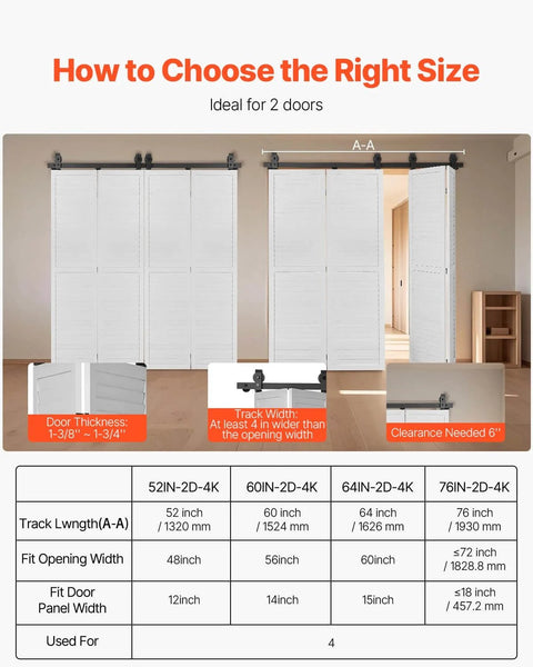 Heavy Duty Bi Folding Sliding Barn Door Hardware Track Kit Fits Four 15 Inch Closet Pantry Or Laundry Doors With Smooth Quiet Operation Easy To Install And Supports Up To 330 Lbs For Commercial And Home Use, diagram and size guide