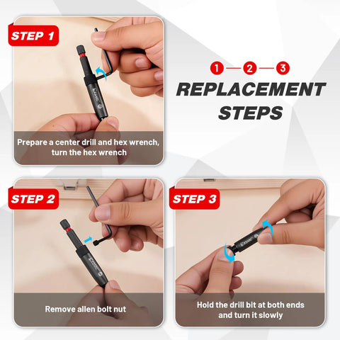 EZARC 14pc self-centering drill bit set with storage box; three-step guide showing center drill and hex wrench.