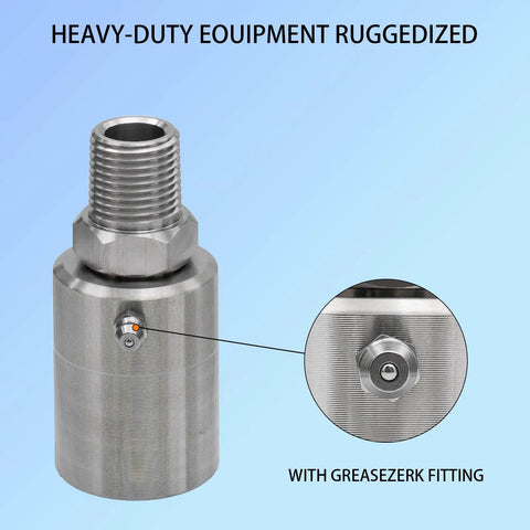One Half Inch NPT Hose Reel Swivel With Grease Zerk Rugged Beefy High Pressure Joint For Home And Industrial Hose Reels Built Tough To Take A Beating In Harsh Environments With Smooth 360 Degree Rotation, steel swivel with grease zerk
