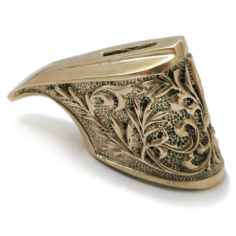 Bronze Knife Guard Bolster For Custom Knife Making with intricate flame design, hand-cast solid metal, side view