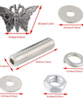 Butterfly Shape License Plate Screws Kit With Two Screw Sizes For Cars And Motorcycles, Titanium Aluminum Finish includes butterfly bolt, washers, nut, gasket shown with measurements.