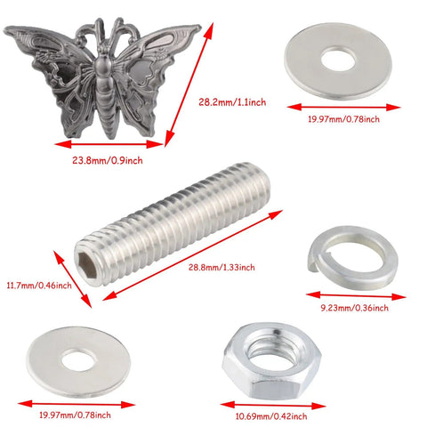 Butterfly Shape License Plate Screws Kit With Two Screw Sizes For Cars And Motorcycles, Titanium Aluminum Finish includes butterfly bolt, washers, nut, gasket shown with measurements.