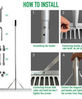 Assembly instructions for 36 Inch Aluminum Garden Rake With 76 Inch Long Handle And 37 Tines for lawns and landscaping, four steps shown.