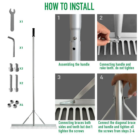 Assembly instructions for 36 Inch Aluminum Garden Rake With 76 Inch Long Handle And 37 Tines for lawns and landscaping, four steps shown.