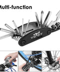 All In One Bike Repair Kit With 16 In 1 Multitool Tire Levers Spoke Wrench Hex Keys And Sockets in use with bike.