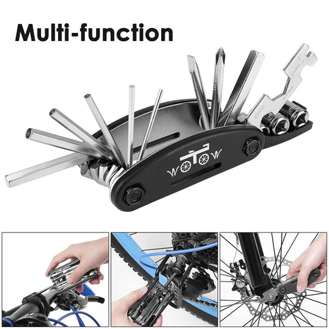 All In One Bike Repair Kit With 16 In 1 Multitool Tire Levers Spoke Wrench Hex Keys And Sockets in use with bike.