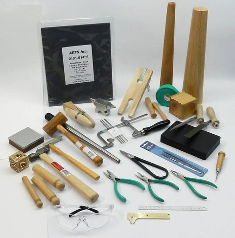 Starter Hands On Metalsmith Tools Kit For Jewelry Making A Solid Bench Tools Set With Ring Mandrel Ring Clamp Bench Pin Wood Ring Clamp And All The Essentials For Apprentice Jewelry Making And Metalworking., bench tools set with wood mallets, pliers, saw frame, ring mandrel and ring clamp