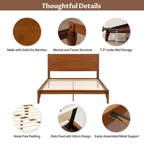 Queen Size Bamboo Platform Bed Frame With Tall Headboard Packed With Upgraded Metal Support Legs For Unbreakable Stability And A Sleek Rustic Look That Brings Badass Vibes To Your Bedroom While Keeping Things Solid As A Rock With Ease with detailed features like solid bamboo, mortise structure, and slatted design.