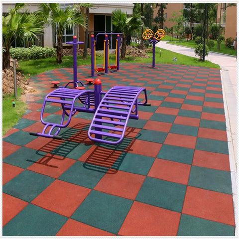 Outdoor play area with 4 Pack 20x20 Inch Interlocking Rubber Floor Tiles 1 Inch Thick Non Slip Heavy Duty Mats in red and green checkered pattern