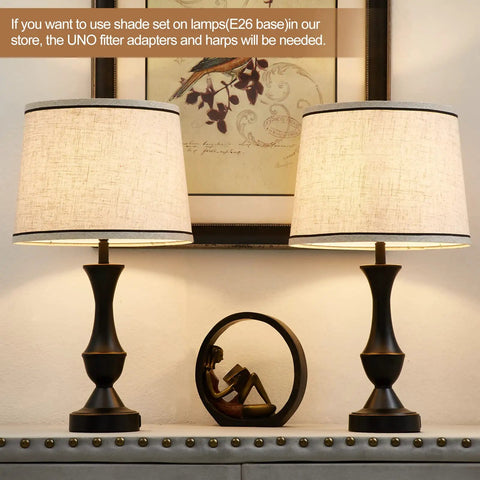 Drum Lampshades Set Of 2 Natural Linen Hand Crafted With Harp Holder Included For Table And Floor Lamps, displaying soft glow.